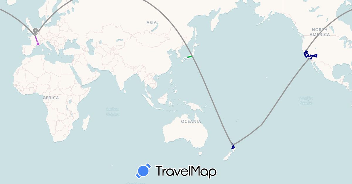 TravelMap itinerary: driving, bus, plane, train in Cook Islands, France, Japan, New Zealand, United States (Asia, Europe, North America, Oceania)